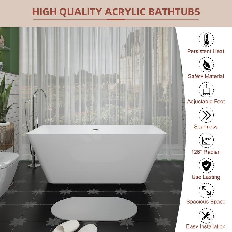 CB HOME 55''/59''/67'' Freestanding Acrylic Bathtubs,Modern Spa Deep Soaking Tubs with Solid Surface