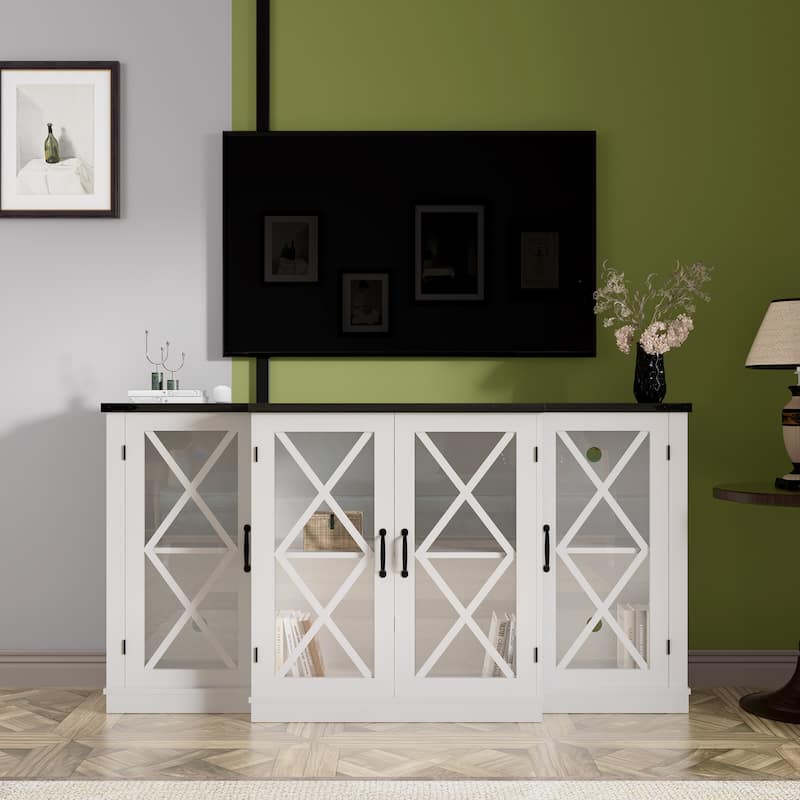 Farmhouse TV Stand wih Storage, 63" Entertainment Center, Wooden Media TV Console with Height Adjustable Shelves - White