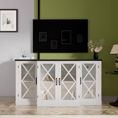 Farmhouse TV Stand wih Storage, 63" Entertainment Center, Wooden Media TV Console with Height Adjustable Shelves