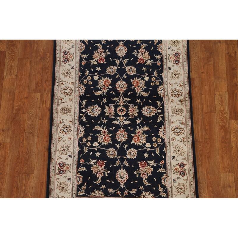 Hand Knotted Oriental Wool & Silk Carpet Traditional Floral Navy Blue & Blues Tabriz Area Rug - 4' 11'' X 3' 1''