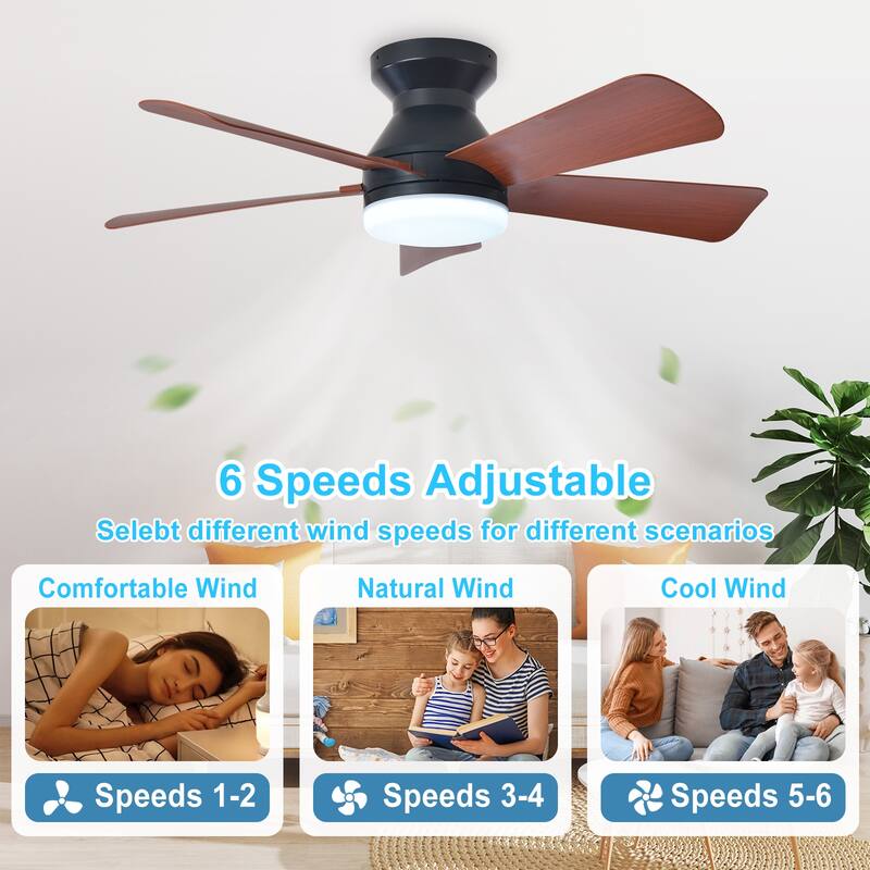 42/35 Inch Low Profile Ceiling Fan with Light: Dimmable, Remote Control, 6-Speed, 5 Blades