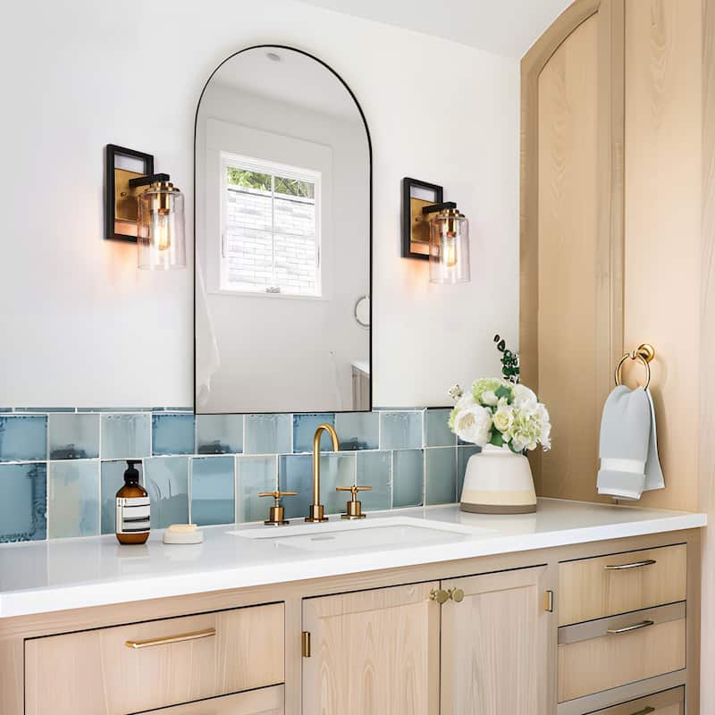 Modern Black Gold 1-Light Mini Bathroom Wall Sconce Seeded Glass Vanity Lights - 5.5" L x 6" W x 10" H