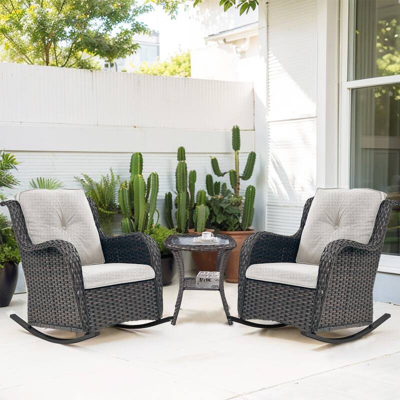 Outdoor Rocking Chair Rattan Rocker Chairs - 3PCS - Rocker Chair w/ Table - Brown Rattan - Beige Cushion