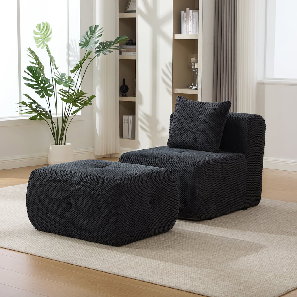 31" Modular Cloud Armless Accent Chair with Ottoman Set, Modern Boneless Deep Seat Single Sofa Soft Lounger