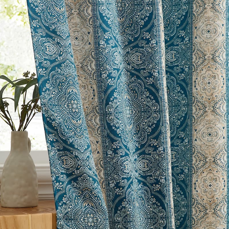 HLC.ME William Boho Damask Striped Window Back Tab Rod Pocket Curtains - Light Blocking Darkening Panels, Set of 2