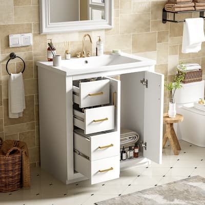 30" Bathroom Vanity with Ceramic Sink, Floor Standing Vanity Solid Wood Frame Bathroom Storage Cabinet with 3 Drawers, White