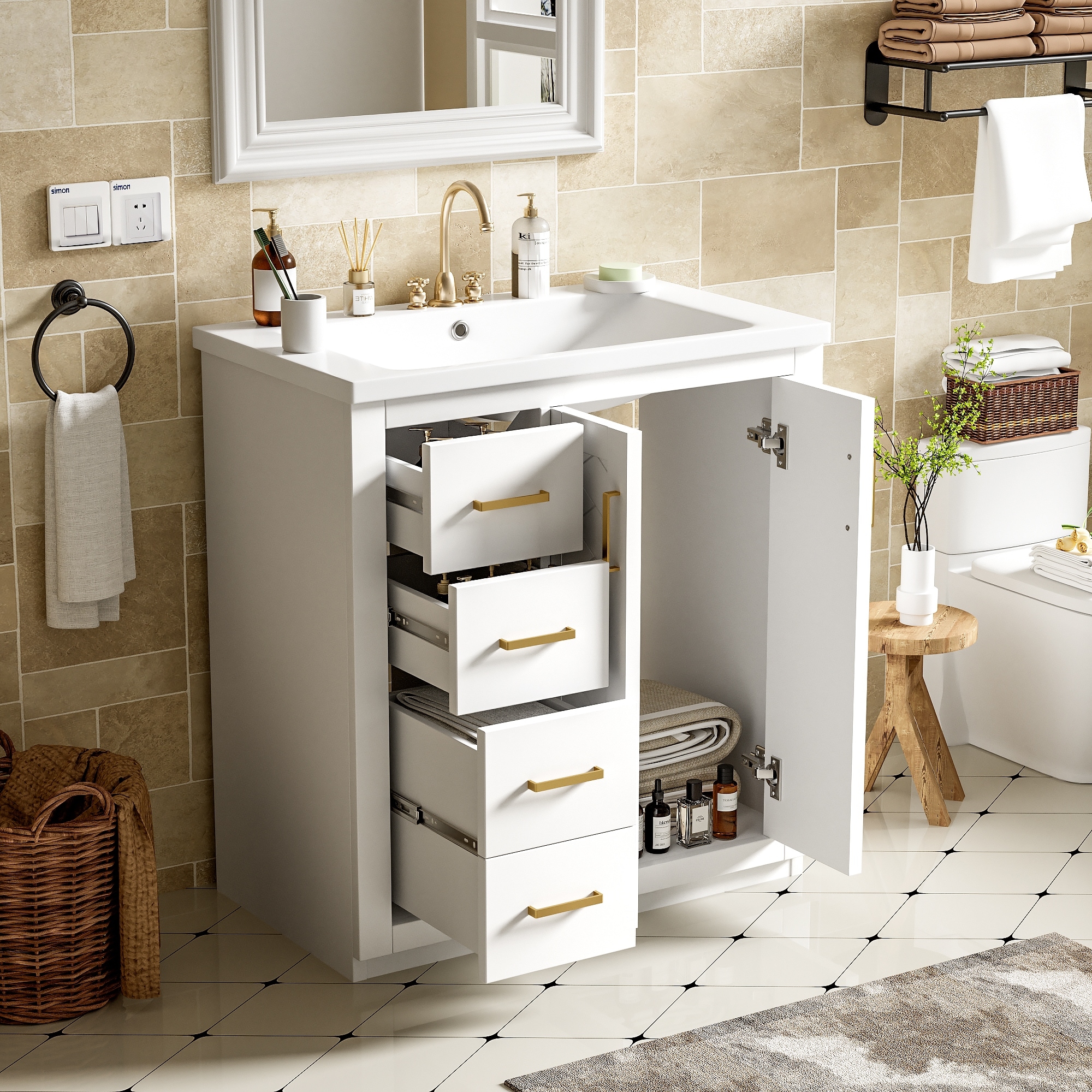 30" Bathroom Vanity with Ceramic Sink Combo, Floor Standing Vanity Solid Wood Frame Bathroom Storage Cabinet with 3 Drawers