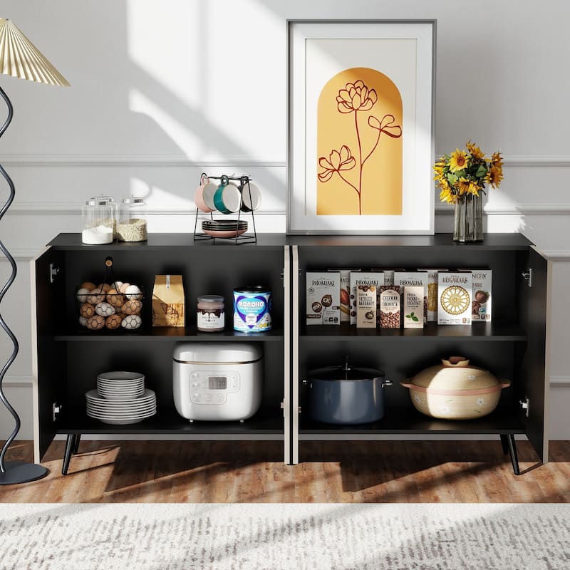 Storage Cabinet Buffet Sideboard with 4 Fluted Doors, Wood Accent Entryway Table with Adjustable Shelves