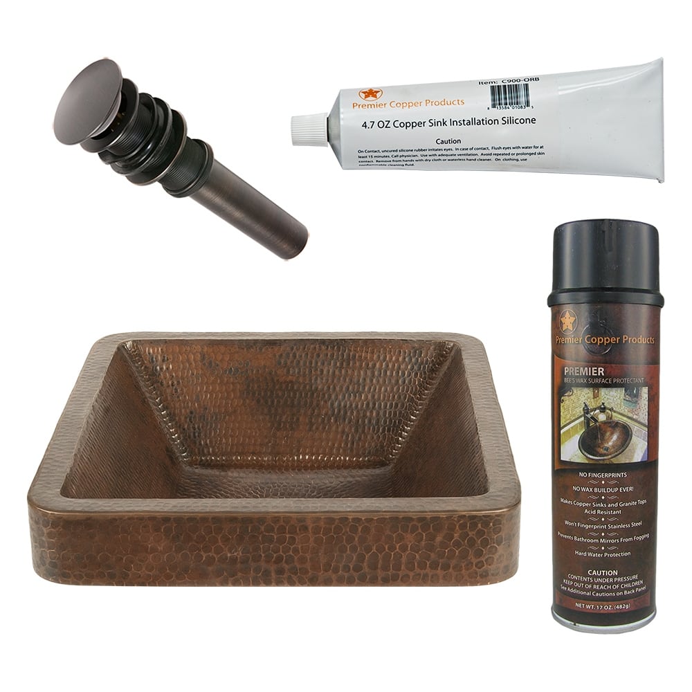 15" Square Skirted Vessel Hammered Copper Sink, Matching Drain and Accessories