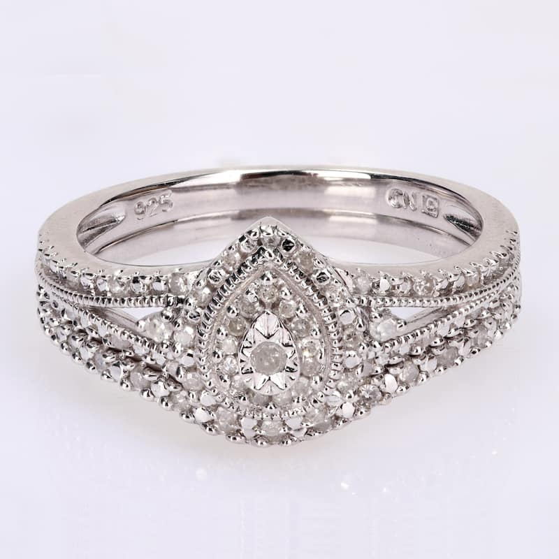 Miadora Sterling Silver 1/4ct TDW Diamond Pear Halo Split Shank Wedding Ring Set