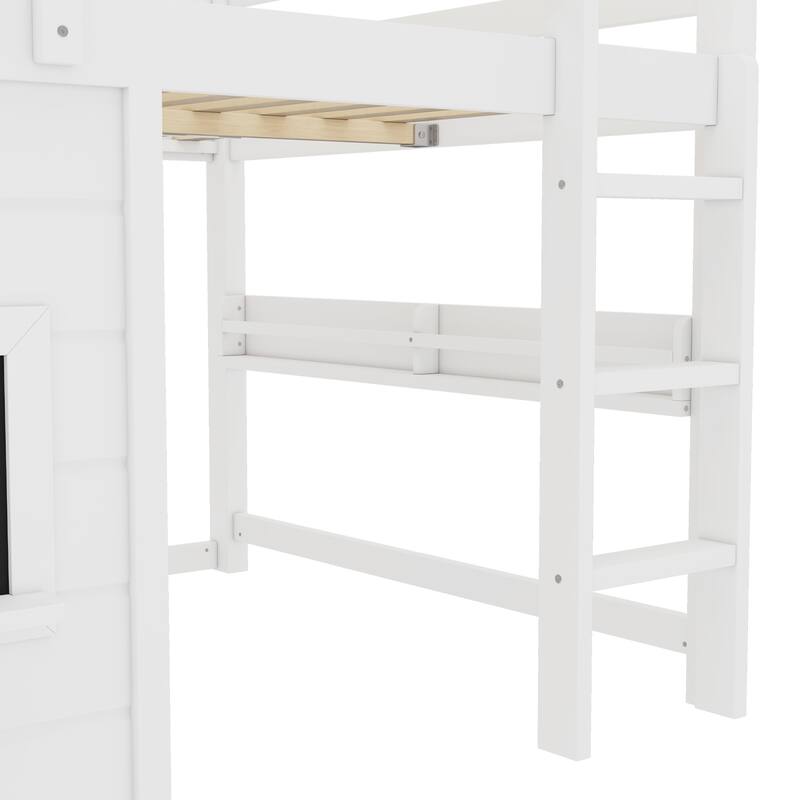 Full Size loft bed with a playful sliding chalkboard, built-in bookshelf, and high-quality safety rails