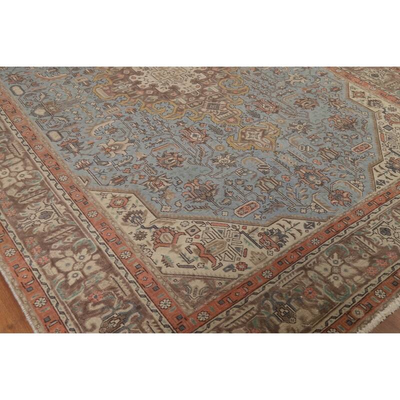 Geometric Blue Tabriz Persian Rug Hand-Knotted Traditional Wool Carpet - 8'3"x 11'2"