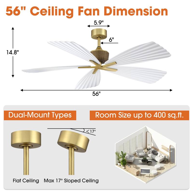 56" Tropical White Pleated Leaf 5-Blade Indoor Outdoor Ceiling Fan with Remote, No Light