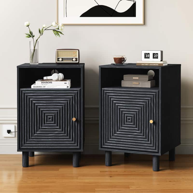 Nightstand Set of 2 with Charging Station and Solid Wood Legs - Black