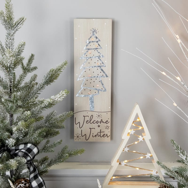 Rectangular "Welcome Winter" Christmas Tree Wooden Wall Sign - 15.75"