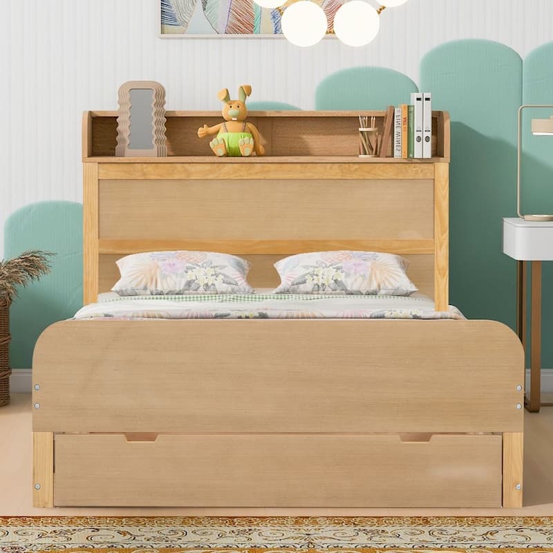 Full Size Platform Bed with Storage Headboard and a Big Drawer