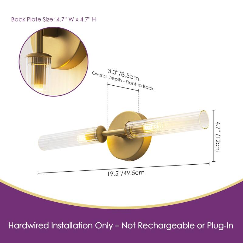 2-Light Mid-Century Modern Brushed Gold/Matte Black Finish Linear Vanity Light with Clear Striped Glass for Bathroom