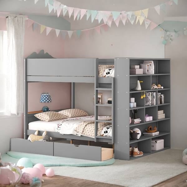 slide 2 of 13, Full over Full Bunk Bed With 2 Drawers and Multi-layer Cabinet Gray