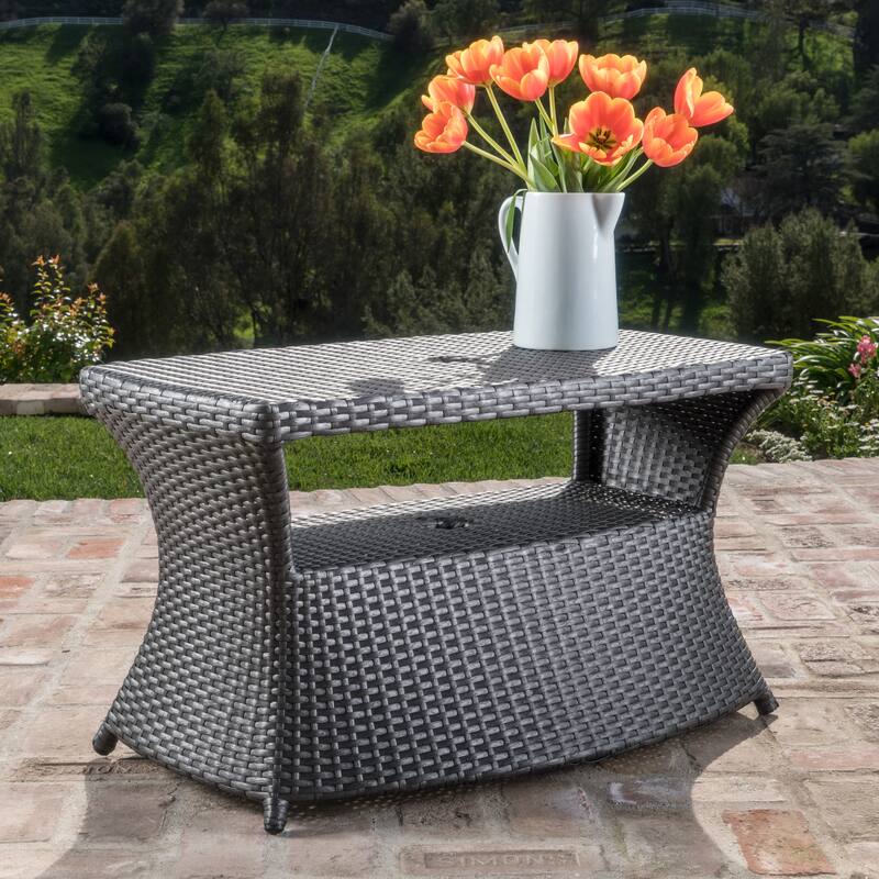 Roomfitters Berkeley Outdoor Wicker Chaise Lounge Side Table with Umbrella Holder and Serving Shelf