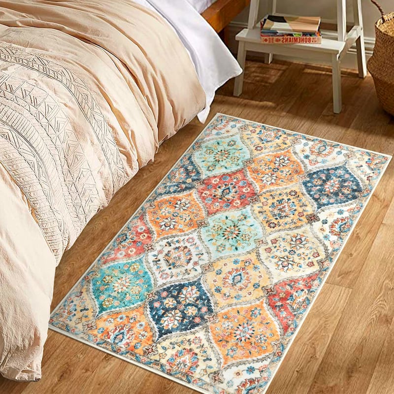 Rugs for Living Room Vintage Oriental Trellis Area Rug Soft Non Slip Low Pile Accent Rugs for Dining Room Office