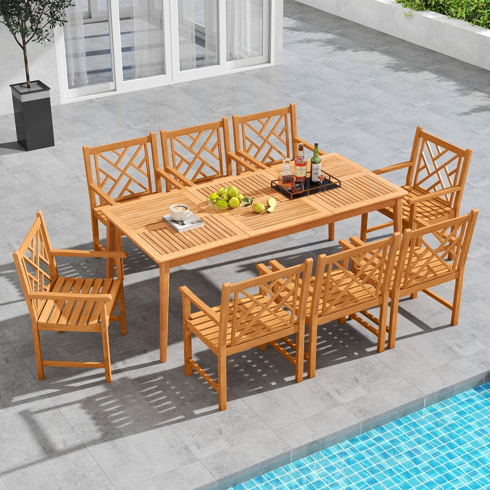 Gymax 9-Pieces Patio Dining Table Set w/8 Chairs Slatted Tabletop
