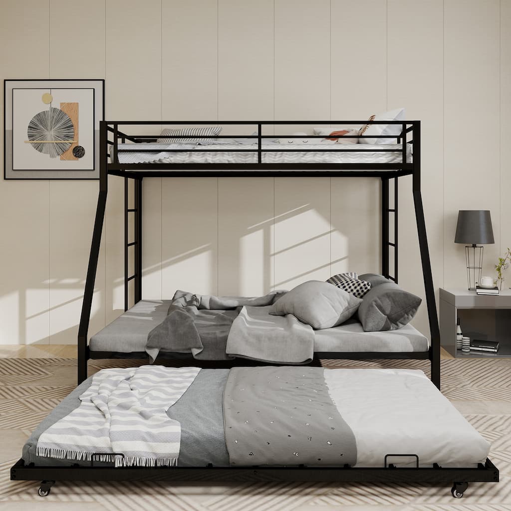 Full Size Minimalist Bunk Bed with Ladder & Rolling Trundle, High-Stability Square Tube Frame, 137cm x 190cm, Black