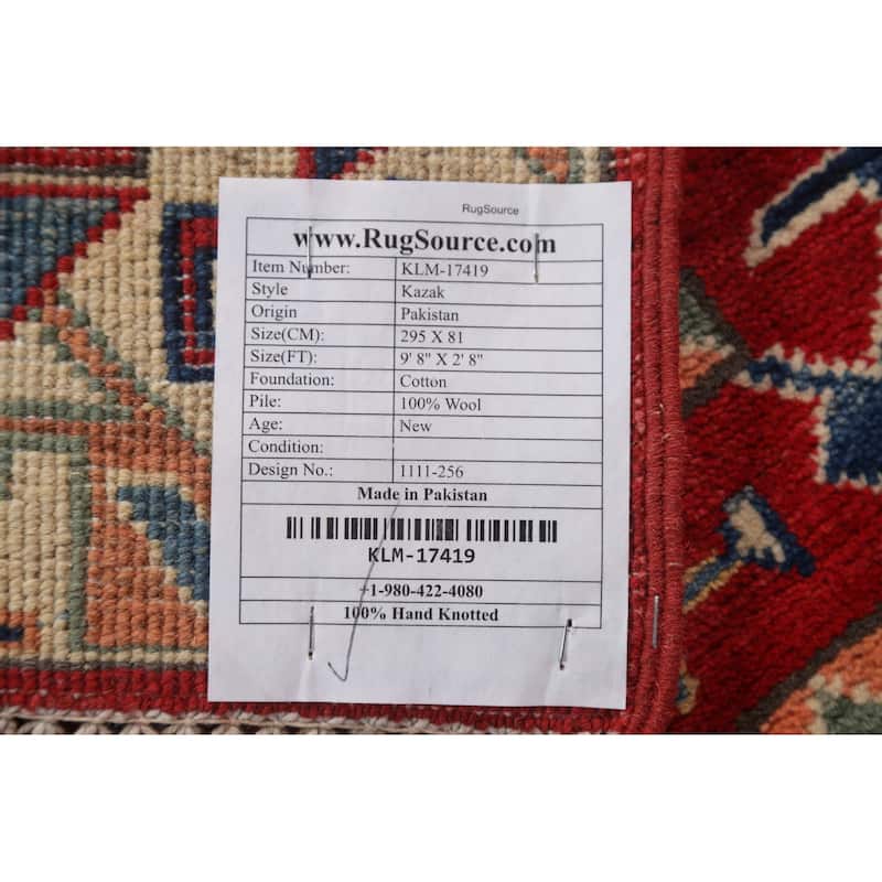 Red Geometric Kazak Oriental Traditional Wool Runner Rug Hand-knotted - 2'8" x 9'8"