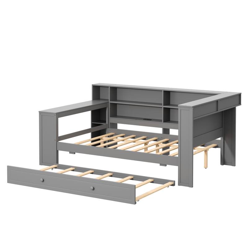 Daybed Bed with Trundle, Storage Shelves, Charging Station, & LED Light by Harper&Bright Designs