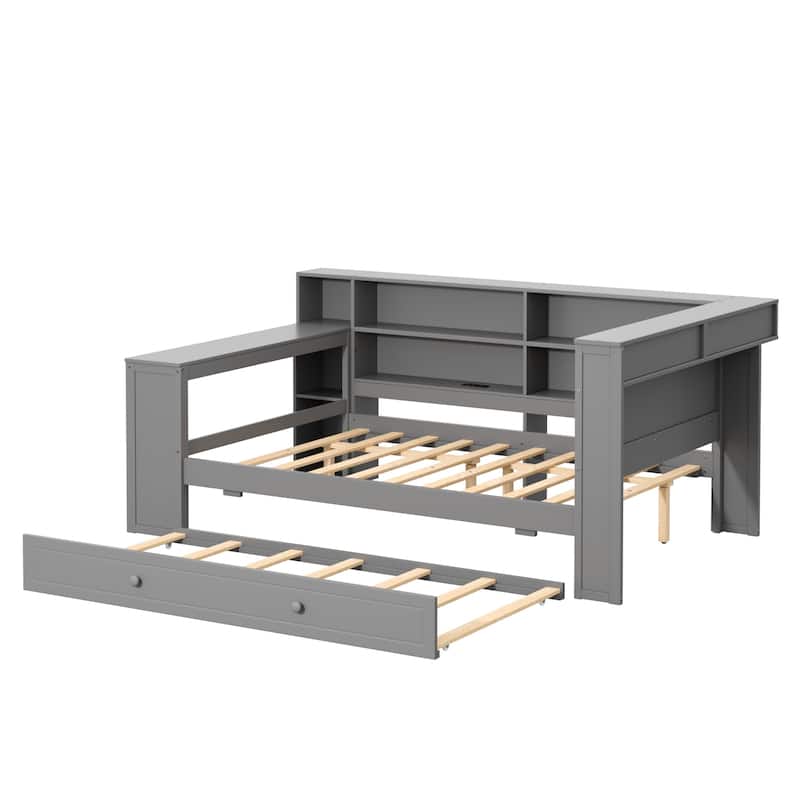 Wood Daybed with Desk, LED Upholstered Headboard, Storage Shelves Built-in Charging Station, Optional Drawers or Trundle