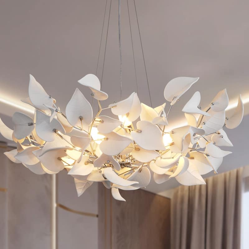 KAYLA 31.5" 6-Light Luxury Gold Round Chandelier, Modern Ceramic Leaf Branch - 39.4in 8-Light - Chrome
