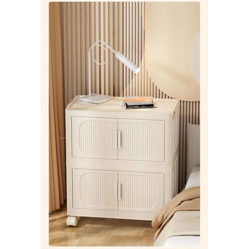 Modern 3-Tiers Folding Plastic Storage Cabinet with Magnetic Door and Bottom Wheels