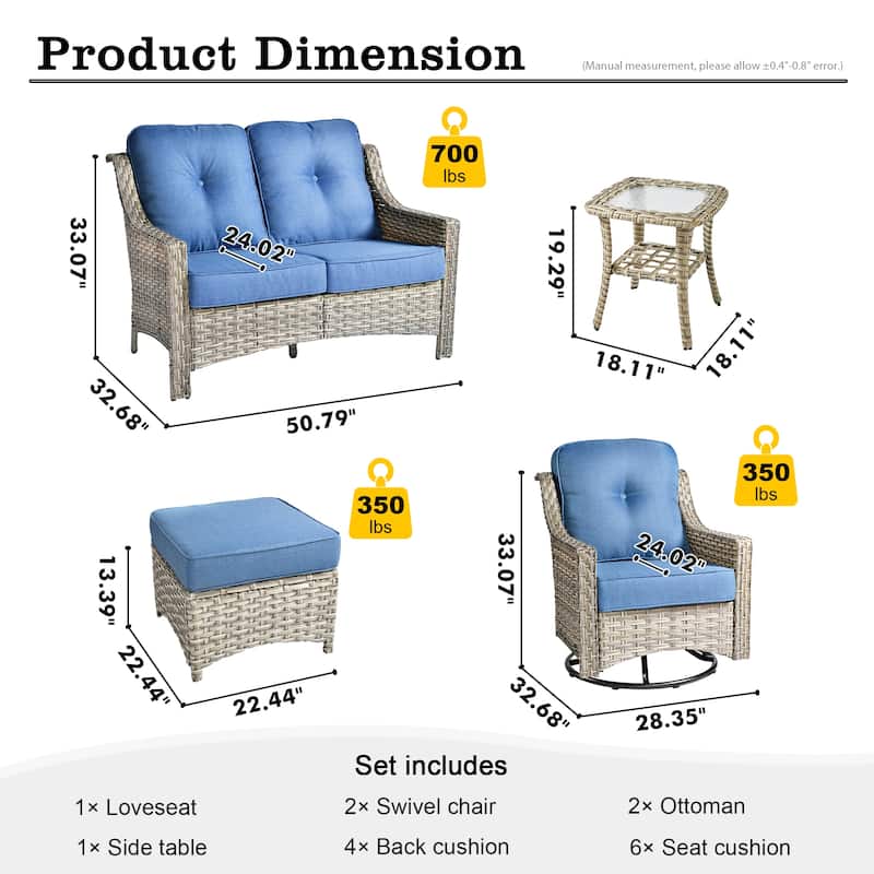 HOOOWOOO 6-piece Wicker Furniture Patio Loveseat Sofa Conversation Set with Swivel Chair