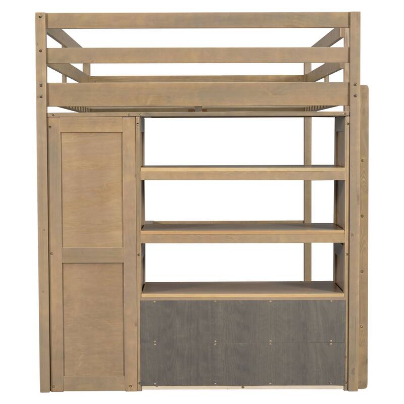 Wood Full Size Loft Bed with Built-in Wardrobe, Desk, Storage Shelves & Drawers, All-in-One Bed Frame
