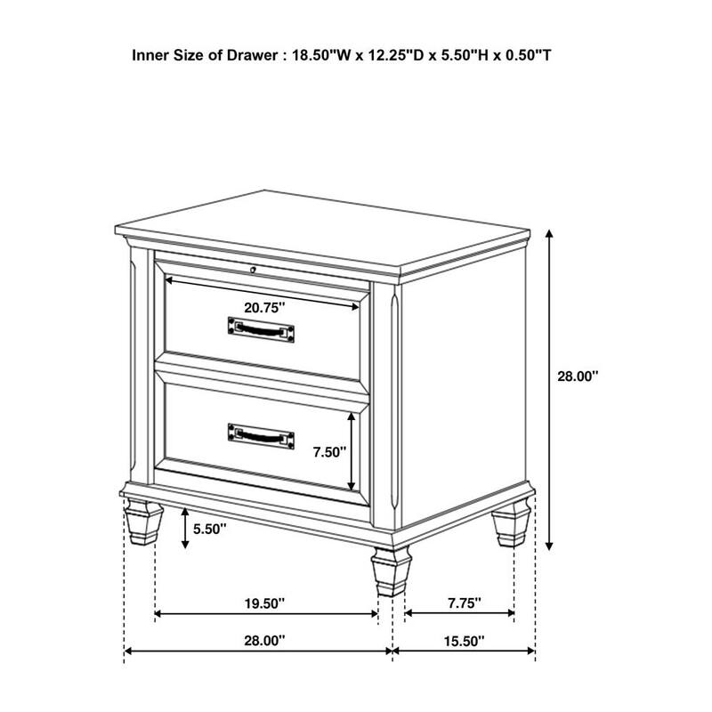 2 Drawers Wooden Nightstand, Antique White