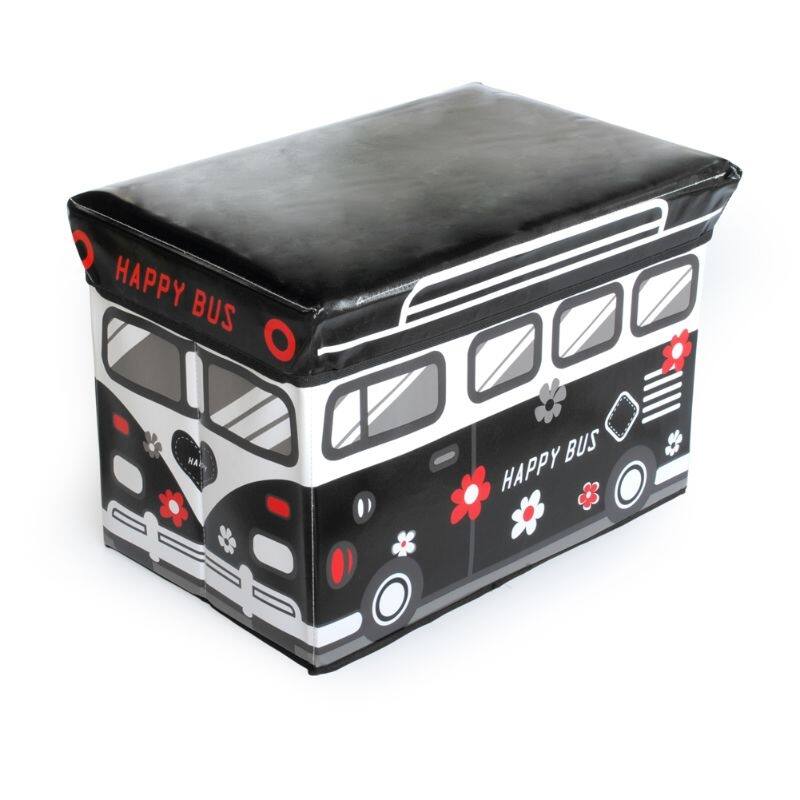 [Happy Bus - Black] Rectangle Foldable Faux Leather Storage Ottoman / Storage Boxes / Storage Seat - Black