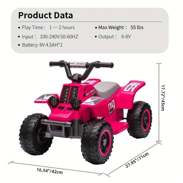6V Ride-On ATV, Ride-On Vehicle, with Rechargeable Battery, Drive Forward and Reverse, Max Weight 55 lbs, Rose Red