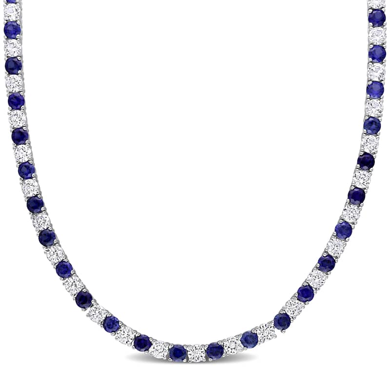 Miadora Created Blue and White Sapphire Tennis Necklace in Sterling Silver