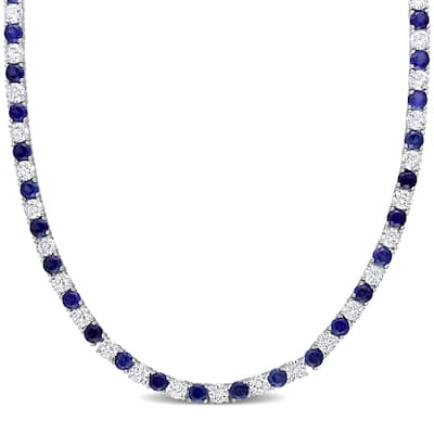 Miadora Created Blue and White Sapphire Tennis Necklace in Sterling Silver