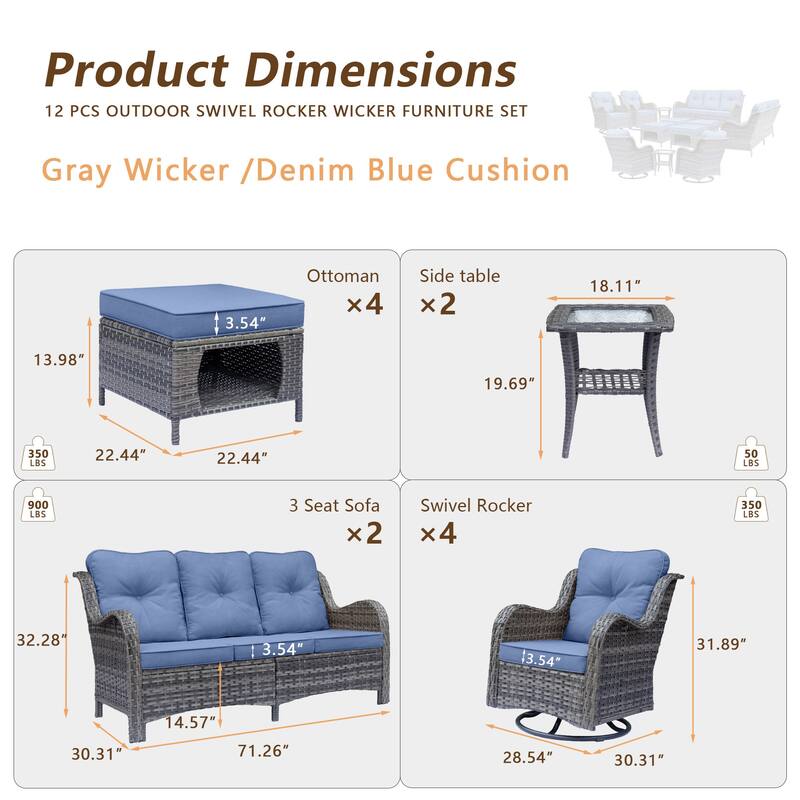 12 Piece Outdoor Wicker Patio Furniture Swivel Glider Chairs Set