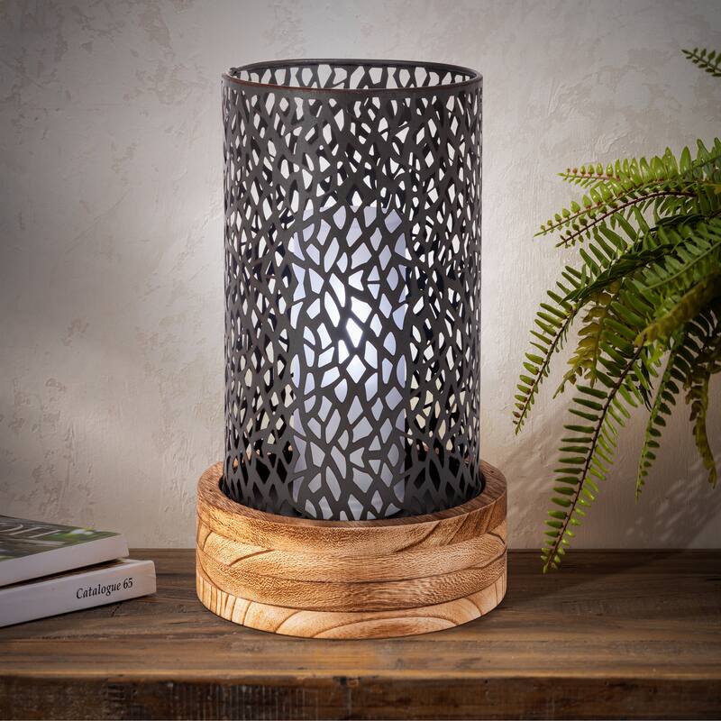 12.2 in H Metal Rustic Brown Cylinder Lantern with Wooden Base