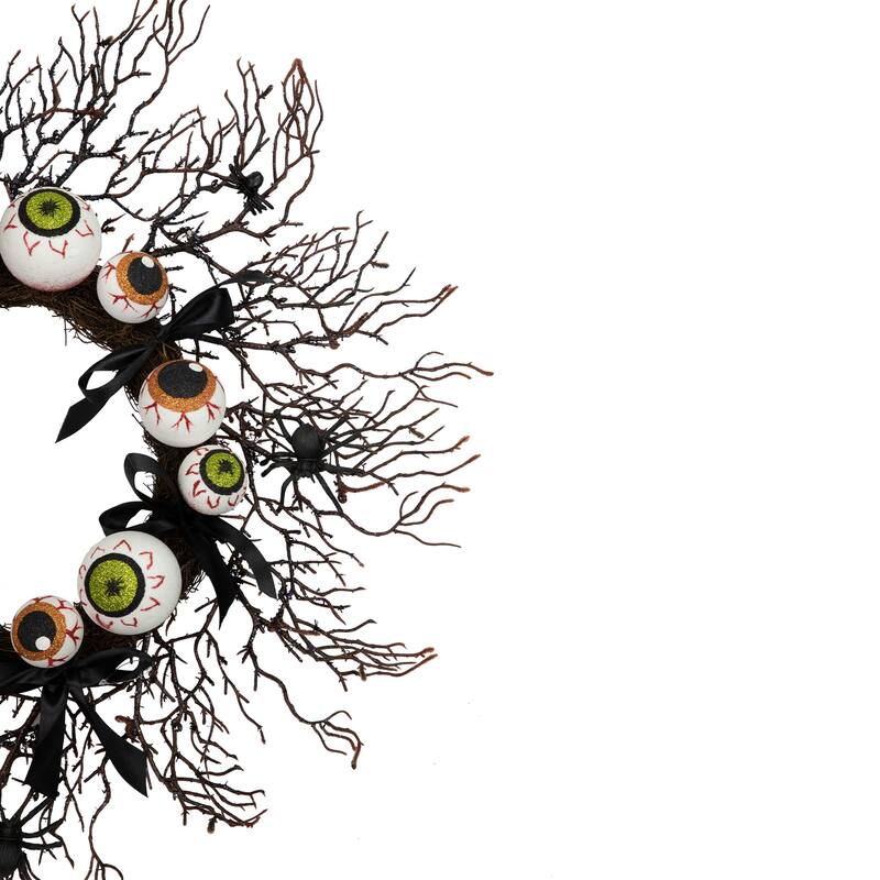 Eyeballs and Spiders Halloween Twig Wreath 24-Inch Unlit