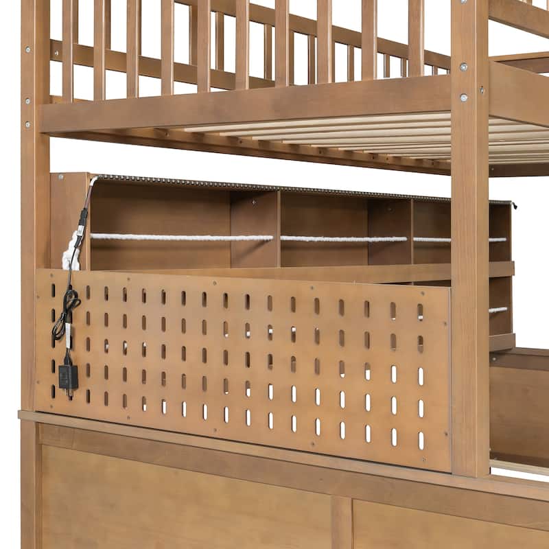 Full XL over Queen/Full over Full Bunk Bed with Integrated Shelving, Color-Changing Lights & Pegboard