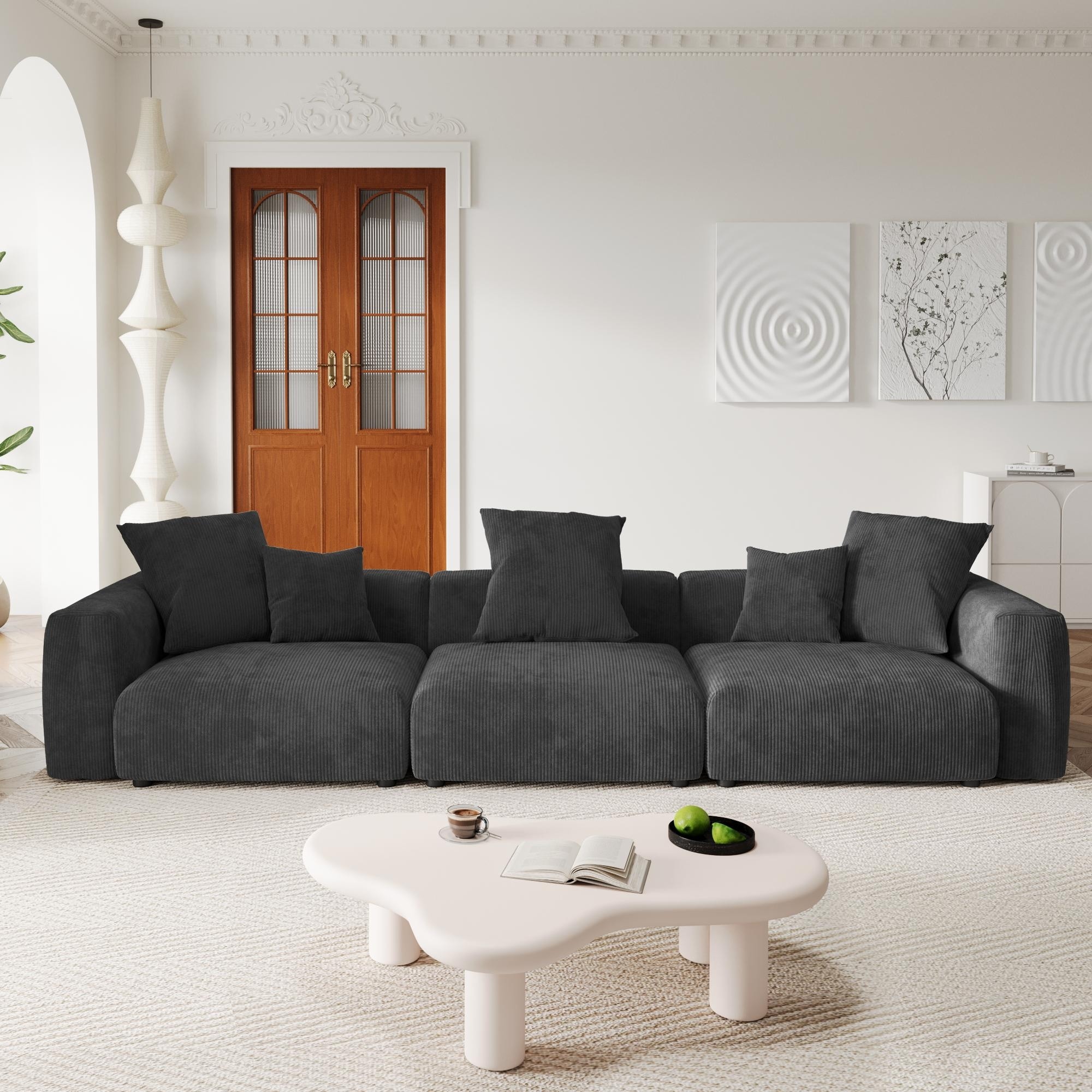 142" Luxurious Corduroy 3-seater Sectional Sofa with 5 Pillows