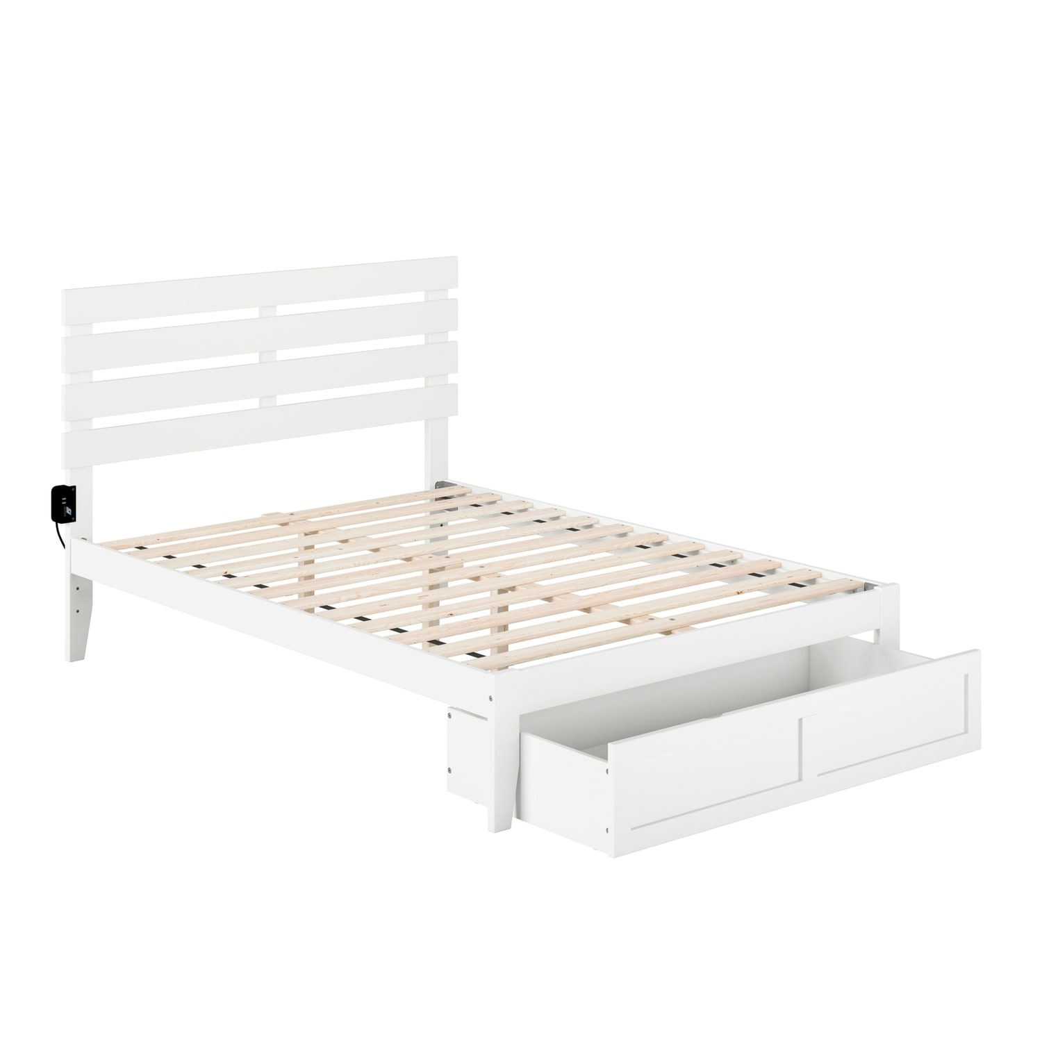 Full Bed with Foot Drawer & USB Charger - Modern Design, Slat Kit Included, No Foundation Needed - White Finish