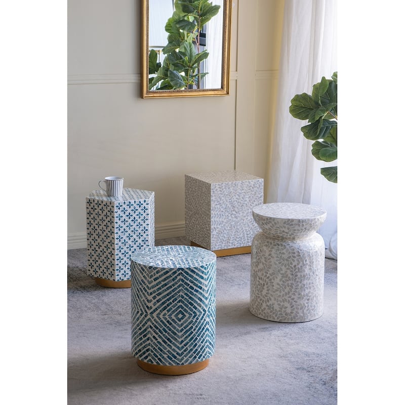 Round Accent Stool with Blue and White Capiz Design