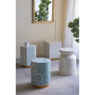 Round Accent Stool with Blue and White Capiz Design