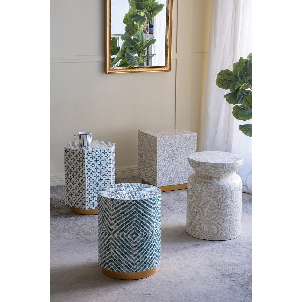 Round Accent Stool with Blue and White Capiz Design