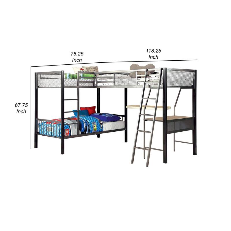 Triple Twin Size Bunk Beds with Desk and Ladders, Silver Metal Frame