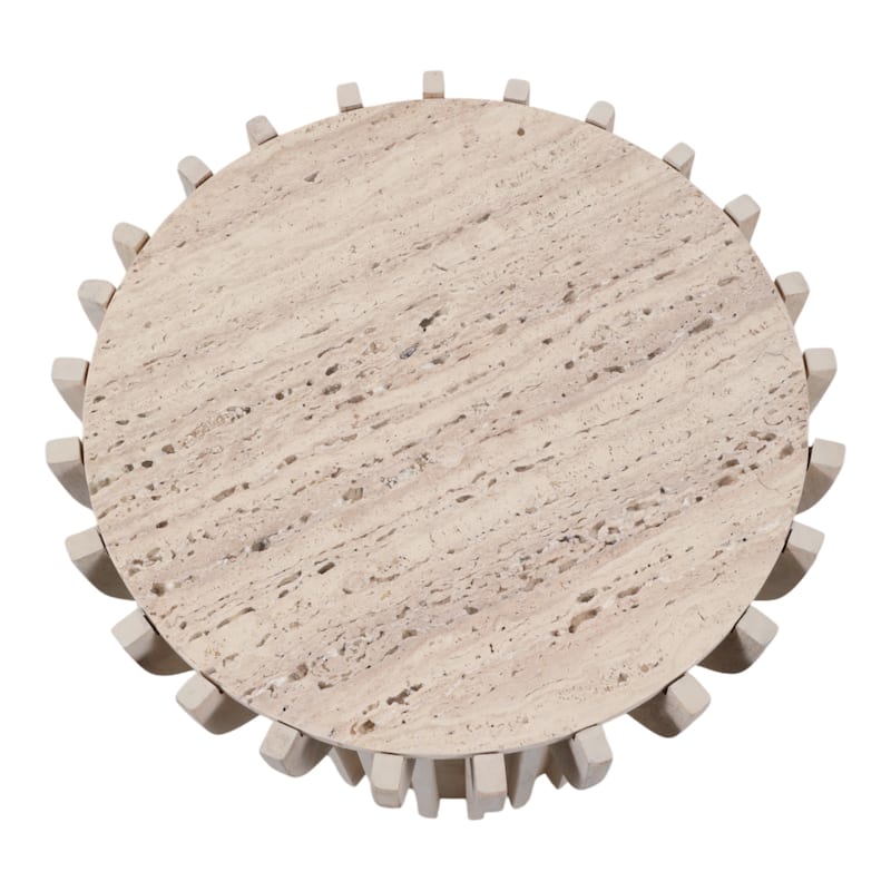 Decorative Travertine Accent Table with Wodden Carved Base- 25", White
