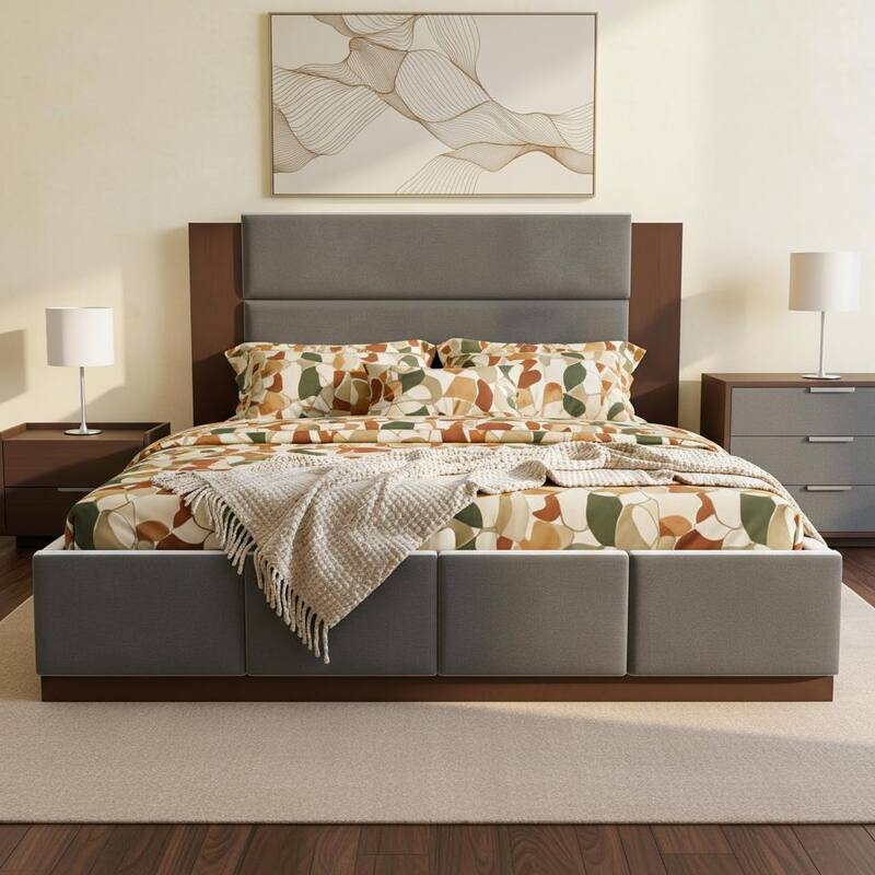 Extended Wood Panel Upholstered Platform Bed by Harper&Bright Designs